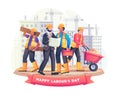 Construction workers working together to build a building on 1th may labour day vector illustration Royalty Free Stock Photo