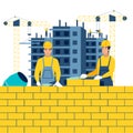 Construction, working environment. Builders at work. In minimalist style Cartoon flat raster