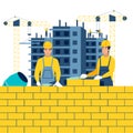 Construction, working environment. Builders at work. In minimalist style Cartoon flat raster Royalty Free Stock Photo