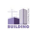 Construction working industry concept. Building construction logo in violet. Silhouette of buildings and building cranes