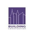 Construction working industry concept. Skyscraper silhouettes. Building construction logo in violet