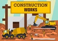 Construction works. A group of engineers, workers construct the building. Special and heavy machinery. Concrete mixer