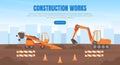 Construction Works Landing Page Template, New Road Building, Heavy Construction Machinery Vector Illustration