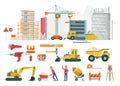 Construction works. Vector flat colorful illustration with colorful building tools. Building poster in modern style. Royalty Free Stock Photo