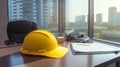construction yellow helmet on working table in office front of window - Generative AI photo Royalty Free Stock Photo