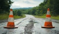 Construction zone road marked with safety cones for traffic management and guidance Royalty Free Stock Photo