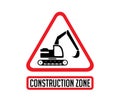 Construction zone warning sign - working excavator concept Royalty Free Stock Photo