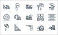 constructions line icons. linear set. quality vector line set such as bulldozer, drill, roll, tractor, ruler, wheels, lifejacket, Royalty Free Stock Photo