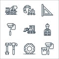 Constructions line icons. linear set. quality vector line set such as paint roller, wheels, wrench, engineering, bulldozer, roll,