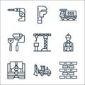 constructions line icons. linear set. quality vector line set such as wall, excavator, lifejacket, engineering, crane, roller,