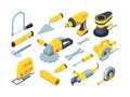 Constructions tools. Drill hammer paintbrush measuring builders equipment vector isometric