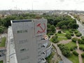 Constructivism building red hammer and sickle monument. USSR symbols. Narvskaya Royalty Free Stock Photo