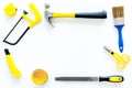 Constructor desk with set of building implements white desk background top view frame mock up Royalty Free Stock Photo