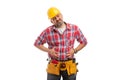 Constructor holding hands on bloated stomach Royalty Free Stock Photo