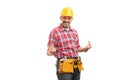 Constructor holding two middle fingers up