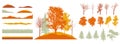 Constructor kit. Silhouettes of beautiful bare trees, birch, fir, other trees, grass, hill. Creation of autumn beautiful park, Royalty Free Stock Photo