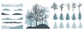 Constructor kit. Silhouettes of beautiful bare trees, Christmas trees, snow hill. Creation of winter beautiful park, forest,