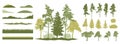 Constructor kit. Silhouettes of beautiful spruce trees, pine, other trees, grass, hill. Creation of spring beautiful park, forest Royalty Free Stock Photo