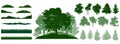 Constructor kit. Silhouettes of beautiful spruce trees, pine, other trees, grass, hill. Creation of summer beautiful park, forest