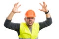 Constructor man making angry gesture with hands and expression Royalty Free Stock Photo