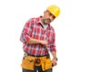 Constuctor putting wrench on tool belt Royalty Free Stock Photo