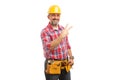 Constructor showing two sign with fingers