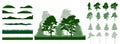 Constructor summer woodland, landscape. Silhouettes of beautiful spruce trees, pine, other trees, grass, hill. Creation of