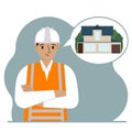 The constructor is thinking about building a house. A sad man in a hardhat and a vest is planning a work process Royalty Free Stock Photo