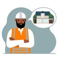The constructor is thinking about building a house. A sad man in a hardhat and a vest is planning a work process Royalty Free Stock Photo