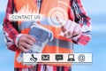 Constructor touching the futuristic interface Royalty Free Stock Photo