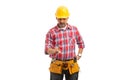 Constructor touching invisible display below Royalty Free Stock Photo