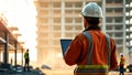 A constructor working on the site, wearing a safety helmet and reflective vest. Generative AI