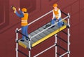 Constructors on scaffold banner, isometric style