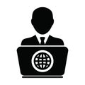 Consultant icon vector person with laptop computer male user person profile avatar globe symbol for working online in a flat color Royalty Free Stock Photo