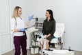 Consultation with gynecologist before colposcopy and pap test procedure to closely examine cervix, vagina and vulva of Royalty Free Stock Photo