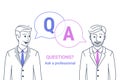 Consulting business advise. Businessman and consultant with speech bubbles and letters q and a