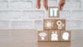 Cubes wooden block with VR screen IT Consulting icon, robotic process automation, marketing dashboard