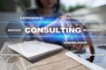 Consulting business concept. Text and icons on virtual screen Royalty Free Stock Photo