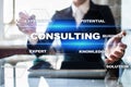 Consulting business concept. Text and icons on virtual screen. Royalty Free Stock Photo