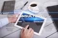 Consulting business concept. Text and icons on virtual screen. Royalty Free Stock Photo