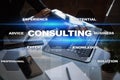 Consulting business concept. Text and icons on virtual screen. Royalty Free Stock Photo