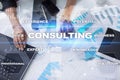 Consulting business concept. Text and icons on virtual screen. Royalty Free Stock Photo