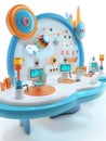 Consulting firm workspace with professionals discussing ethical business strategies around a holographic table