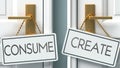 Consume and create as a choice - pictured as words Consume, create on doors to show that Consume and create are opposite options