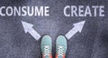 Consume and create as different choices in life - pictured as words Consume, create on a road to symbolize making decision and