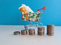 Consumer basket with medical drugs pills and stacks of rising coins closeup