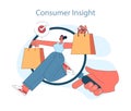 Consumer behavior. Purchase journey. Satisfied shopper with multiple