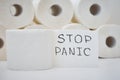Consumer buying panic about coronavirus covid-19 concept. Toilet paper rolls with inscription stop panic. People are stocking up