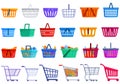 Consumer cart grocery icons set cartoon vector. Shopping plastic product