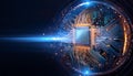Consumer future and technology concepts: Quantum computing concept, glowing circuits and particles